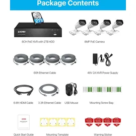 ZOSI 4K PoE Überwachungskamera Set mit 8CH 2TB HDD NVR und 4X 8MP Outdoor PoE IP Kamera, Personenerkennung, Farbe Nachtsicht, Flutlicht Außen Smart Videoüberwachung System