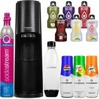 SodaStream Wassersprudler Terra Black + eine 1L Schwarze Flasche + 3 Sirupe (Pepsi, Mirinda, 7UP) 440ml + Bolero - Schwarz