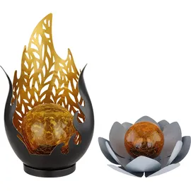 GLOBO Solarleuchte Flammen Design Außen Solarblume Aussen Lotusblume Solar Crackle Glas, grau, LED Leuchtmittel, 1x Lotusblume 1x Flammen Design, 2er Set