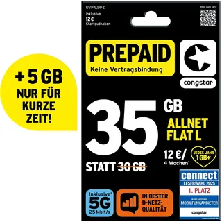 congstar Prepaid ALLNET L SIM-Karte ohne Vertrag I 35 GB Vielsurfer Prepaid-Paket in D-Netz-Qualität I 5G mit 25 Mbit/s + 12€ Startguthaben I Telefonie & SMS Flat in alle dt. Netze I EU-Roaming inkl.