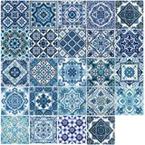 Duroecsain Fliesenaufkleber zum Abziehen und Aufkleben, portugiesische Fliesenaufkleber - 24 Stück Fliesenaufkleber im antiken portugiesischen Design, selbstklebend - Einfach anzubringender