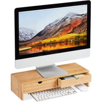 Relaxdays Monitorständer aus Bambus, PC Erhöhung mit Schubladen, für