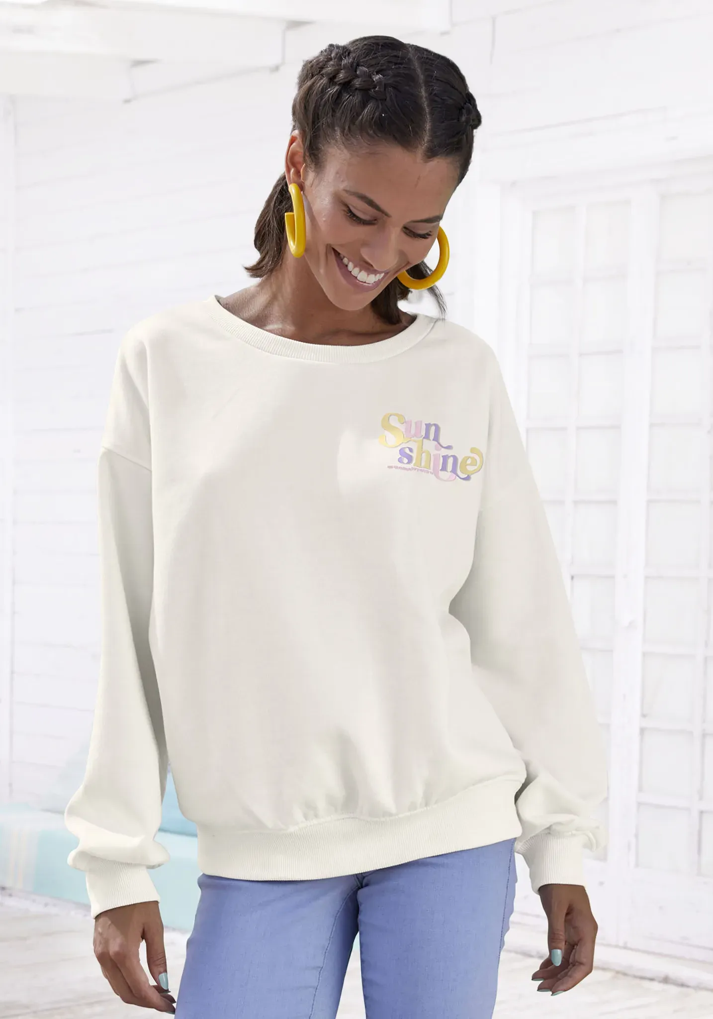 Buffalo Sweatshirt, mit Rippbündchen und Sunshine Druck, Loungewear Buffalo creme 32/34