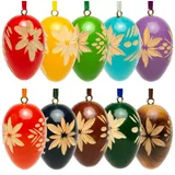 SIKORA OD01 10er Set Holz Deko Ostereier mit geschnitzten Ornamenten gemischte Farben, gemischte Farben, Höhe 5.7 cm, Eier aus Lindenholz für Ostern