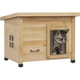 PawHut Katzenhaus aus Holz, Katzenhütte Outdoor, Katzenhöhle mit Türvorhang Gelb