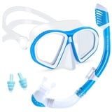 Supertrip Schnorchelset Kinder, Gehärtetes Glas Taucherbrille mit Dry Schnorchel, Tauchmaske Schnorchelmaske Tauchen Set Schnorchelbrillen für Junge Mädchen 6-14 Jahre (Blau)