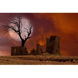 Fototapete PAPERMOON "Ruine in Landschaft mit Mond", bunt, B:3,50m L:2,60m, Vlies, Tapeten