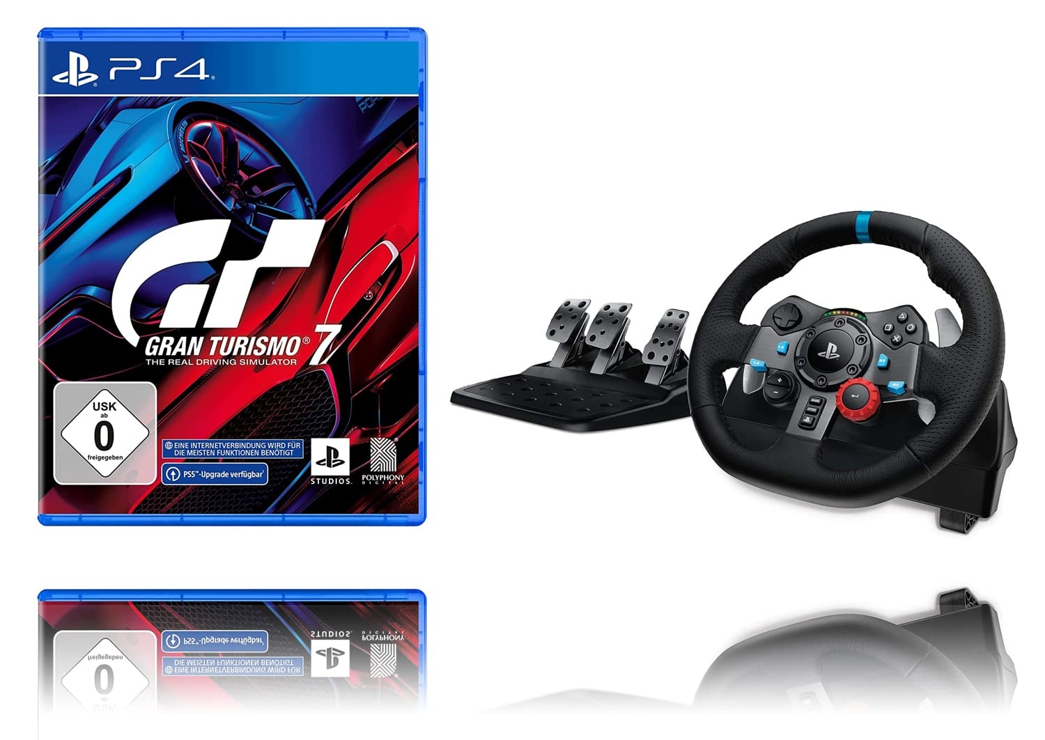 Gran Turismo 7 Standard Edition [PlayStation 4] + Logitech G29 Driving Force Gaming Rennlenkrad, Lenkbereich, Racing Leder-Lenkrad, Verstellbare Edelstahl Bodenpedale, für PS5, PS4, PC, Mac - Schwarz