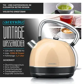 Arendo Wasserkocher Retro Design, 2200 Watt, Edelstahl Teekessel 1,7 Liter, Kalkfilter austauschbar, automatische Abschaltung, Beige