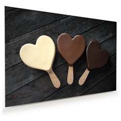 Primedeco Glasbild Wandbild Schokoladeneis in Herzform mit Aufhängung, Süsses braun 45 cm x 30 cm