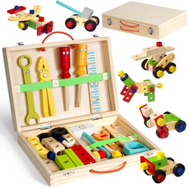 Symiu Werkzeugkoffer Kinder Spielzeug ab 3 Jahre Mädchen Junge Werkzeugkasten Holzwerkzeug Spiele ab 3 Jahren mit 34 Stück Werkzeug Kinder DIY Montessori Geschenk Lernspiele Spielzeug ab 3 4 5 6 Jahre