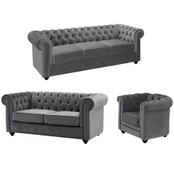 Sofa 3-Sitzer & 2-Sitzer & Sessel - Samt - Anthrazit - CHESTERFIELD