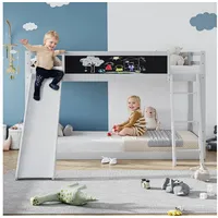 AUKWIK Hochbett 90x200cm Komplettbett Kinderbetten, Zwei Optionen (2 Betten-Hochbett, Treppe und Rutschen, Bett mit Zaun, Kommode/Stauraum, Kreidetafel, Massivholzrahmen) Kinderzimmer/Jugendzimmer /Schlafzimmer/Gästezimmer