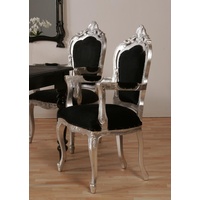 Luxus Stuhl Barock Mahagoni Schwarz Silber mit Armlehne