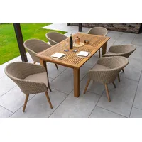PLOß Borneo Garten-Essgruppe, beige/natur, FSC-Akazienholz/Polyrattan, ausziehbarer Tisch 180/220/260 x 100 cm, 6 Sessel