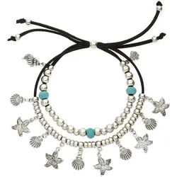 Fußkette mit Anhänger LASCANA "in Layer Look", Damen, Gr. Metallmix, bunt (schwarz, silberfarben, türkis), glänzend, modisch, Fußkettchen, 2 reihiges Fußkettchen mit muschelförmige Anhänger