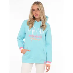 Hoodie ZWILLINGSHERZ ""Ahoi Käpt'n"", Damen, Gr. LXL (L/XL), blau (türkis), Obermaterial: 50% Baumwolle, 50% Polyester, modisch, comfort fit hüftlang, V-Ausschnitt, Langarm, Sweatshirts, mit maritimer Botschaft, lustigen Möwen, Kängurutaschen und Stickerei