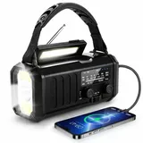 AIORBER 10000mAh Powerbank Notfallradio mit Solar & Kurbel, LED Taschenlampe, SOS Alarm, Outdoor Camping Radio, Kompass – Schwarz - Schwarz