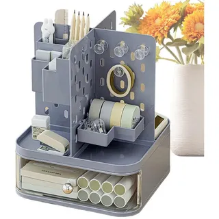 RWEUOQ Organizer Schreibtisch Organizer, 360° Drehbar Multifunktional Aufbewahrungsbox (360° drehbarer Schreibtisch Organizer mit transparenten Schubladen, Kompakt, stabil, rutschfest, ideal für Büro, Schule und Zuhause), 360° drehbar, transparente Schublade, rutschfest, robust blau