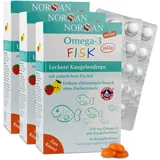 NORSAN Omega 3 FISK Jelly 45 hochdosiert 3er Pack (3x 45 Jellys) / Omega 3 für Kinder (250 mg pro Kaugeleedrops) / Omega 3 Öl mit EPA & DHA/Tagesdosis mit Zitrone-Erdbeer-Geschmack 4 Kapseln