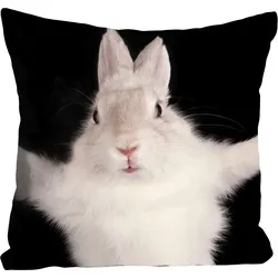 Dekokissen QUEENCE "Hugging Bunny", schwarz (schwarz, weiß, bedruckt), B:40cm L:40cm, Polyester, Dekokissen_Sitzkissen_Kissenhüllen, mit einem kuschelbedürftigen Hasen