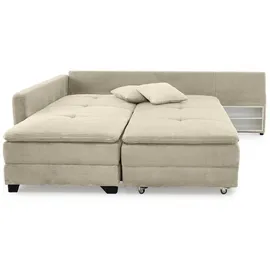 luma-home Ecksofa-Dauerschläfer, Doppelbett 306/223/95 cm Boxspring Federkern Ecksofa 306x223 Dauerschläfer, Bettkasten, Nachtkonsole, Schwenkteil beidseitig montierbar, Cord Beige Grau / 15161