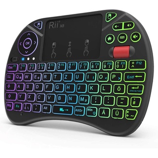 Rii Mini Tastatur mit Touchpad, Smart TV Tastatur, 2,4 GHz Kabellos Tastatur mit 8 Farbige Hintergrundbeleuchtung und Scrollrad (Deutsches, Schwarz