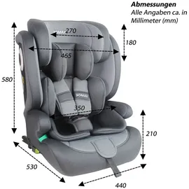 XOMAX Kindersitz ISOFIX I mitwachsend I 9-36 kg, 15 Monate - 12 Jahre, Gruppe 1/2/3 I 5-Punkt-Gurt und 3-Punkt-Gurt I Bezug abnehmbar und waschbar I ECE R129 I anthrazit-grau