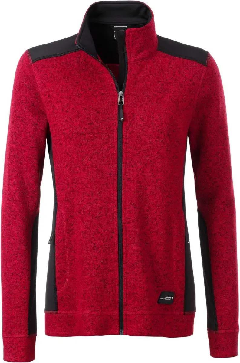 James & Nicholson Damen Workwear Strickfleece Jacke Strong Fleece-Jacke JN861 red melange/black 4XL