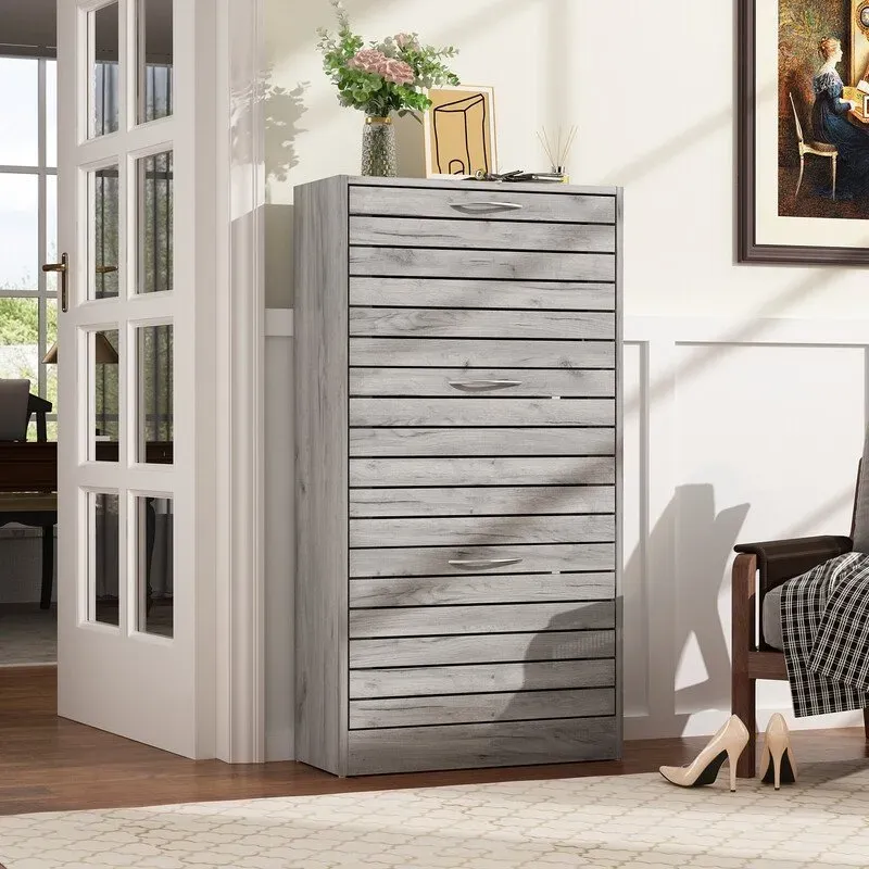 Caldion Schuhschrank & Schuhregal mit 3 Klappen und 6 Fächern, für Flur, Schlafzimmer, Wohnzimmer, Holz, Grau, 54 B x 24 T x 107 H cm