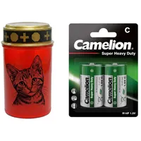 Fachhandel Plus LED Grablicht Katze, batteriebetriebenes Gedenklicht mit flackernder LED Flamme als sicherer Grabschmuck für Tiergrab und Gedenkplatz - ewiges Licht (Rot, süße Katze)
