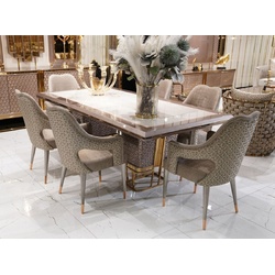 Casa Padrino Luxus Esszimmer Set Weiß / Grau / Gold - 1 Luxus Esstisch & 6 Luxus Esszimmerstühle - Luxus Esszimmer Möbel