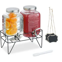 Relaxdays Getränkespender mit Ständer, 2 Limobehälter je 4L, Zapfhahn aus Edelstahl, Glas Wasserspender, transparent