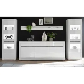 furn.design Wohnwand, Weiß, Weiß Hochglanz, Grau, Holzwerkstoff, Nachbildung, Uni, 7 Fächer, 3 Schubladen, 369x198x42 cm, Wohnzimmer, Wohnwände, Wohnwand-Sets