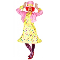 Foxxeo Lustiges gelbes Clown Kostüm mit bunten Punkten für Damen Fasching Karneval Set bestehend aus KleidJackeHutStrumpfhoseFliege Größe S