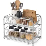 Songmics Küchen-Organizer, Küchenregal, Ordnungssystem, 2 Ebenen, stapelbar, erweiterbar, mit Metallkörben, für Küche, Badezimmer, taubengrau KCS017E01V1