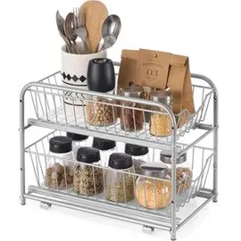 Songmics Küchen-Organizer, Küchenregal, Ordnungssystem, 2 Ebenen, stapelbar, erweiterbar, mit Metallkörben, für Küche, Badezimmer, taubengrau KCS017E01V1