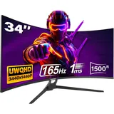 Gawfolk Gaming Curved Monitor 34 Zoll 165Hz, 1500R Ultrawide PC Bildschirm UWQHD 3440x1440P, Gebogenes Computerbildschirm, VA, Displayport, HDMI, VESA 75 * 75mm