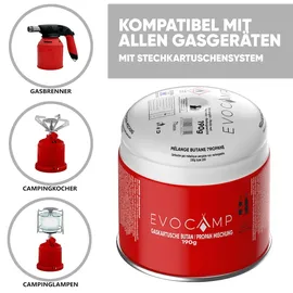 evocamp 10x Propan Butan Gaskartusche 190g Stechgaskartusche für Gaskocher Gasbrenner mit Sicherheitsventil Typ 200 EN 417