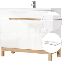 Lomadox Waschtisch Set mit 100cm Unterschrank in Hochglanz weiß, Wotaneiche, B x H x T ca. 100 x 85 x 46cm