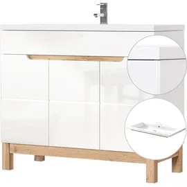 Lomadox Waschtisch Set mit 100cm Unterschrank in Hochglanz weiß, Wotaneiche, B x H x T ca. 100 x 85 x 46cm