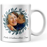 Tasse personalisiert mit Foto und Text in einem Kreisausschnitt mit Tannenzweigen, personalisierte Fototasse für Weihnachten, Geschenk für Mama, Papa, Oma und Opa (Tannenzweige)