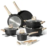 just perfecto Topfset Induktion Pfannenset mit deckel - Pfanne 24cm, Bratpfanne 28 cm - kochtopf set 28cm antihaft pfanne ohne ptfe und pfoa (15-Teilig Schwarz)