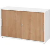 bümö Schiebetürenschrank 2OH - Aktenschrank abschließbar, Sideboard Schrank mit Schiebetüren in Weiß/Nussbaum, Relinggriff - Büroschrank aus Holz mit