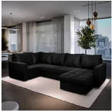 masseno Ecksofa LORIVO L-S mit Schlaffunktion U-Form, Sofa mit Bettkasten, Wohnzimmersofa, Couch, Soffa, Bettsofa, Couchgarnitur- Schwarz, Plüsch-Stoff