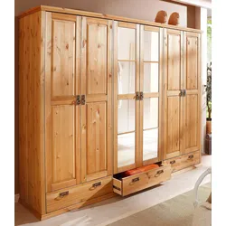 Kleiderschrank HOME AFFAIRE "Madrid", beige (gelaugt, geölt), B:245cm H:190cm T:59cm, Schränke, aus massiver Kiefer, in 3 Breiten mit Spiegeltüren