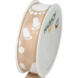 Halbach Seidenbänder Geschenkband Baby | 25mm x 16m | Schleifenband als Deko für Babyparty und zum Verpacken von Geschenken für Babyshower | Farbe: natur/weiß