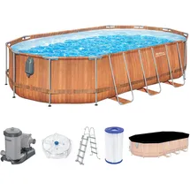 BESTWAY Steel Pro MAX Comfort Jet Series Frame Pool Set, 610 x 366 x 122 cm, Holz-Optik, 20.241 L, TriTech-Material, Comfort Jet-Düsen, Filterpumpe, Antihaftbeschichtung, Sicherheitsleiter, LED-Licht