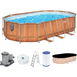 BESTWAY Steel Pro MAX Comfort Jet Series Frame Pool Set, 610 x 366 x 122 cm, Holz-Optik, 20.241 L, TriTech-Material, Comfort Jet-Düsen, Filterpumpe, Antihaftbeschichtung, Sicherheitsleiter, LED-Licht