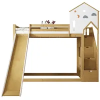 REDOM Kinderbett Hochbett Hausbett Bett Etagenbett (mit Ecktreppe, mit Dach und Fenster, Holzbett mit 3 Schließfächer in der Treppe, mit Rutsche, Kiefer+MDF 90x200 cm), ohne Matratze